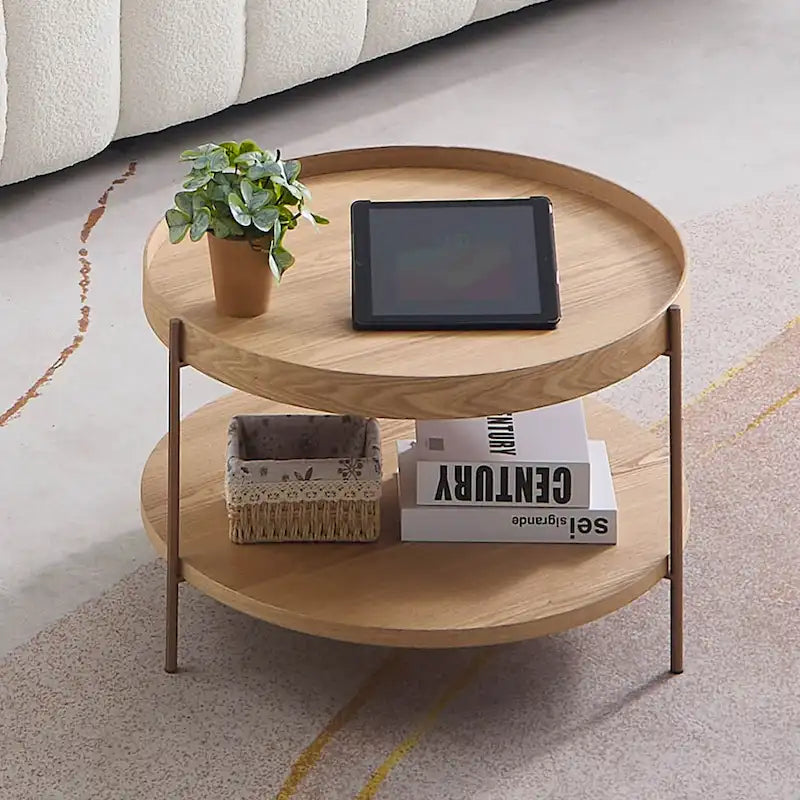 2-Piece Modern Round Nesting Coffee Table Set with 2-Tier Storage