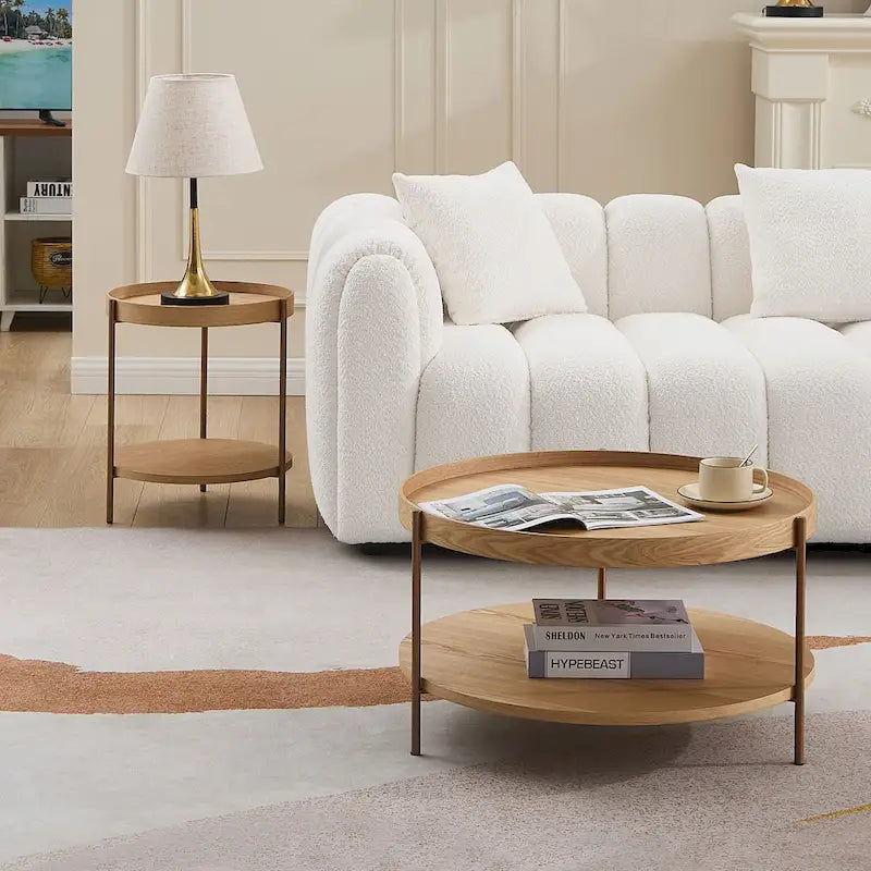 2-Piece Modern Round Nesting Coffee Table Set with 2-Tier Storage