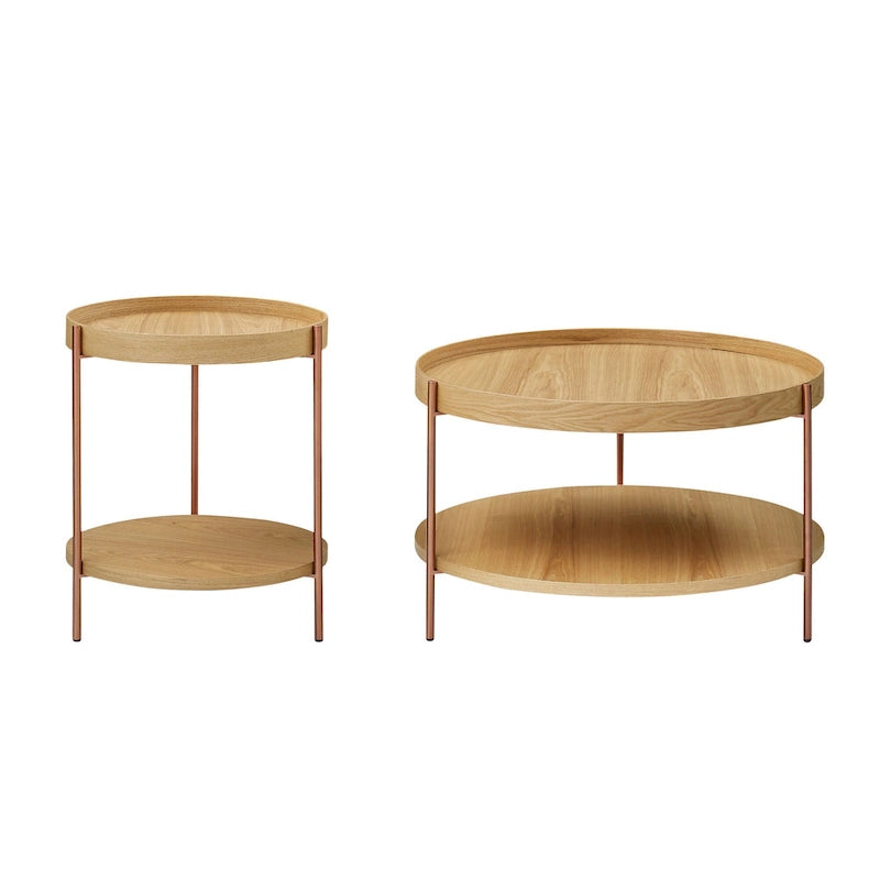 2-Piece Modern Round Nesting Coffee Table Set with 2-Tier Storage
