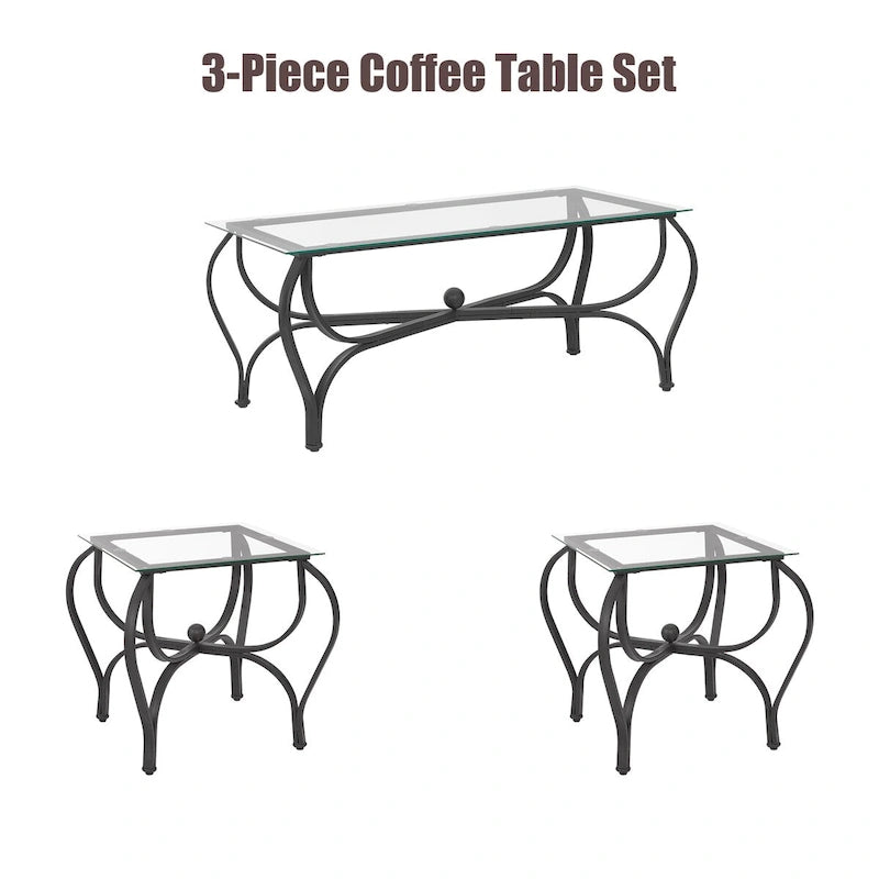 3-Piece Tempered Glass Coffee Table Set - Rustic Black Metal Frame