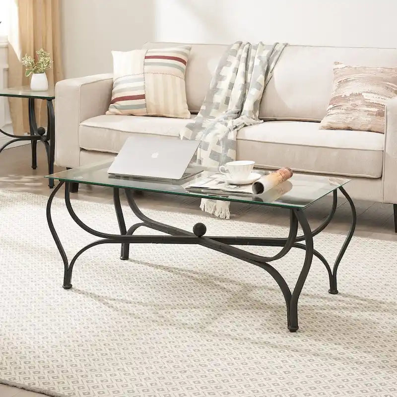 3-Piece Tempered Glass Coffee Table Set - Rustic Black Metal Frame