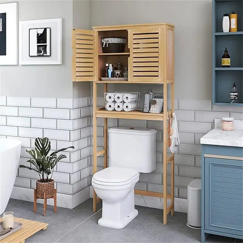 Over-Toilet Bathroom Storage Cabinet - 3 Shelves Bamboo Wood Tower