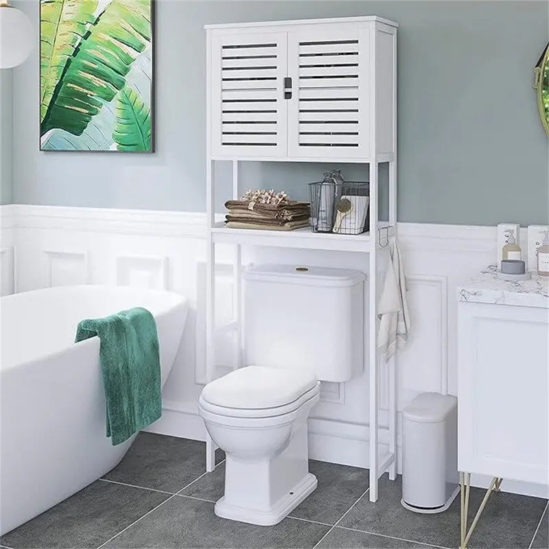 Over-Toilet Bathroom Storage Cabinet - 3 Shelves Bamboo Wood Tower