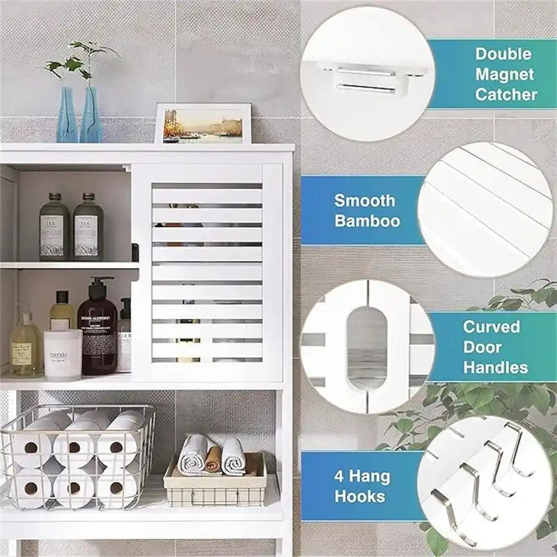 Over-Toilet Bathroom Storage Cabinet - 3 Shelves Bamboo Wood Tower