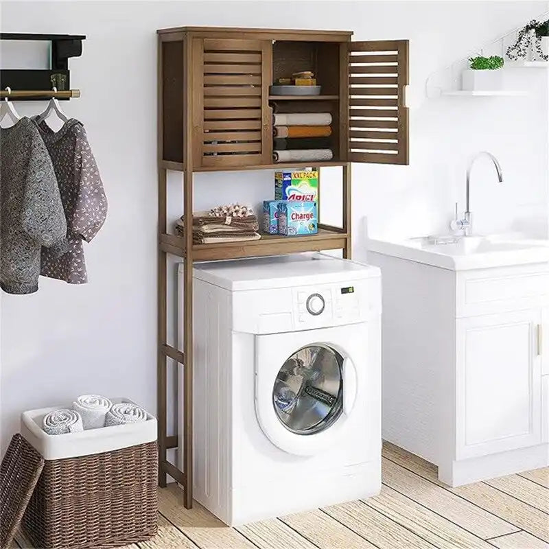 Over-Toilet Bathroom Storage Cabinet - 3 Shelves Bamboo Wood Tower