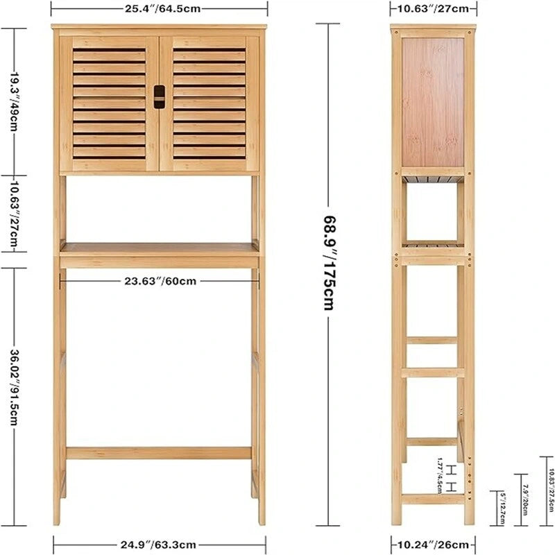 Over-Toilet Bathroom Storage Cabinet - 3 Shelves Bamboo Wood Tower